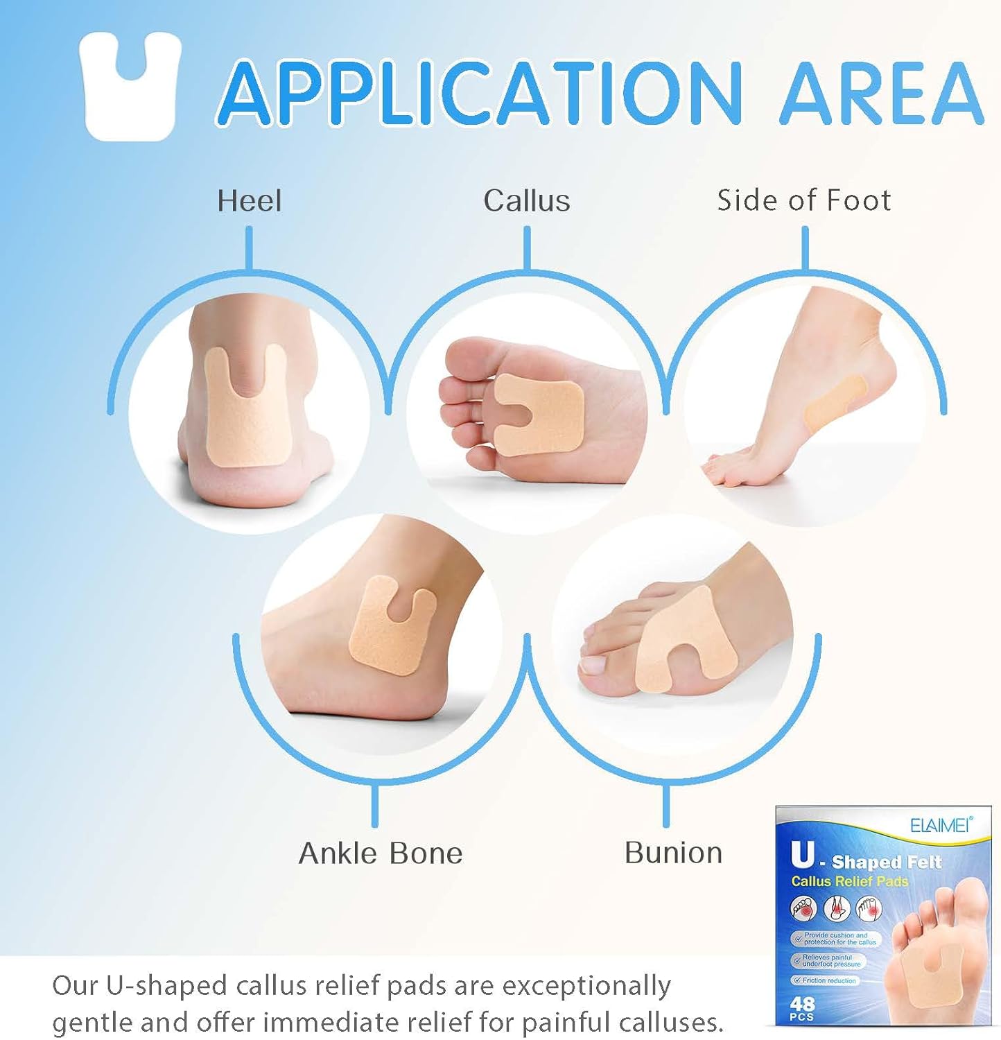 U-Shaped Felt Callus Pads(Pack of 48), Protect Calluses from Rubbing on Shoes