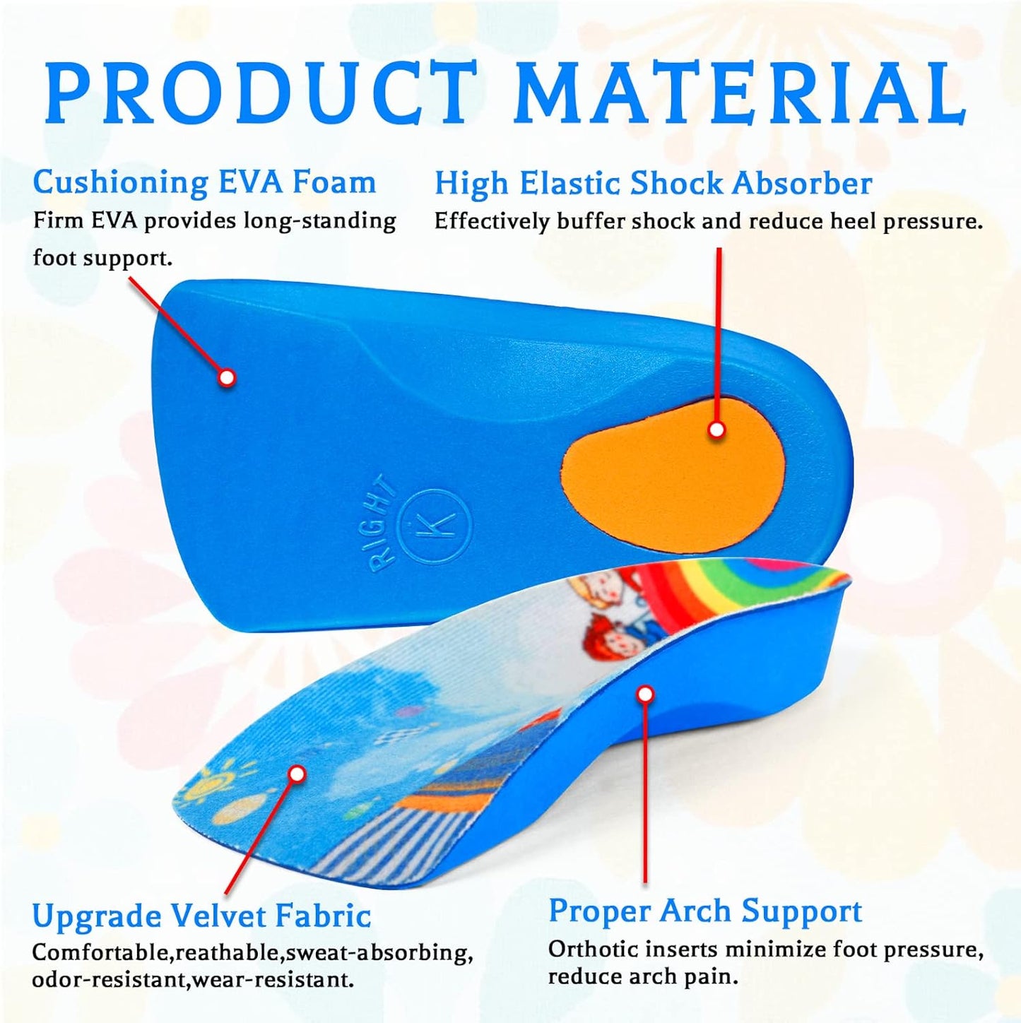 3/4 Length Kids Orthotic Cushioning Arch Support Shoe Insoles for Flat feet, Feet Heel Pain Relief Age 4-11)