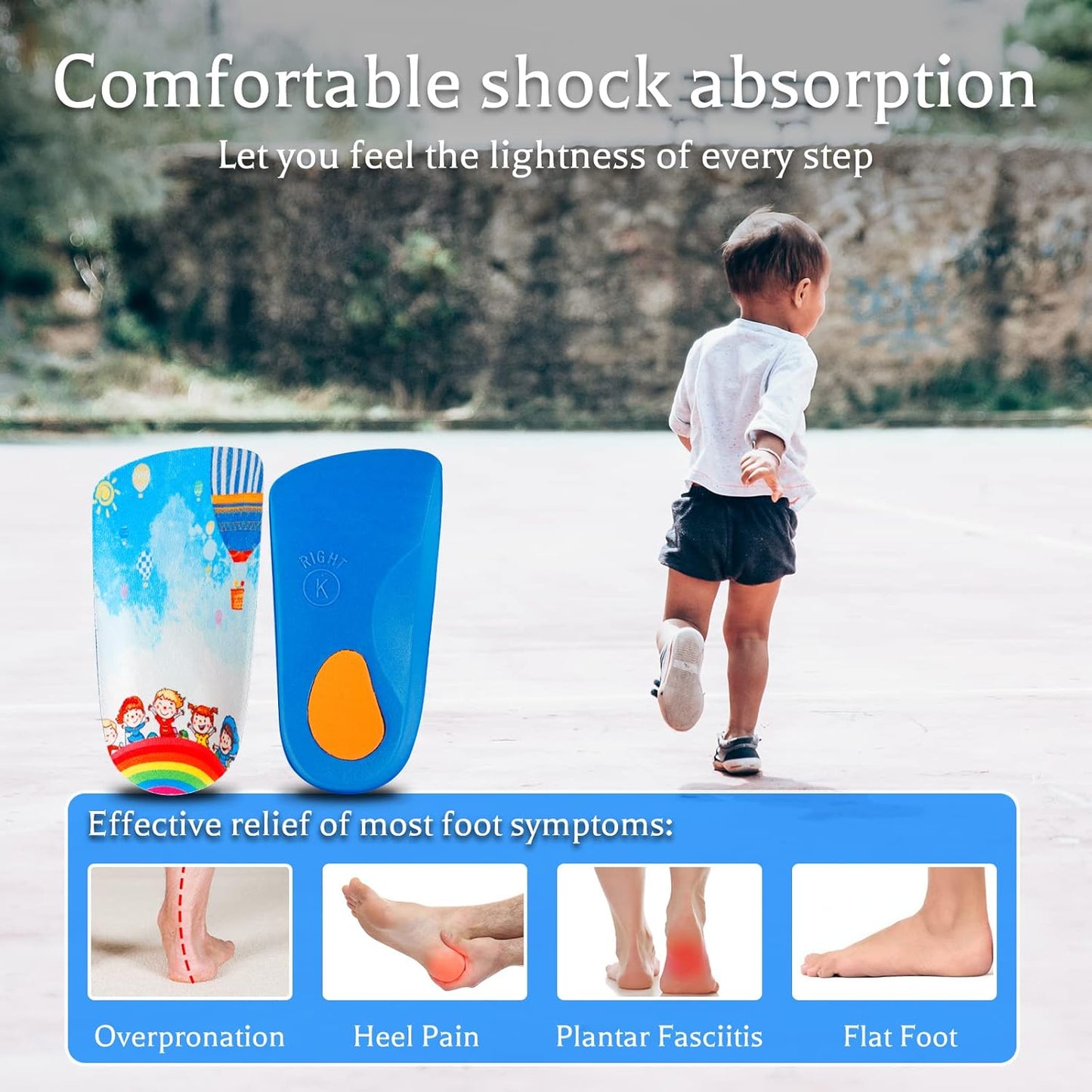 3/4 Length Kids Orthotic Cushioning Arch Support Shoe Insoles for Flat feet, Feet Heel Pain Relief Age 4-11)