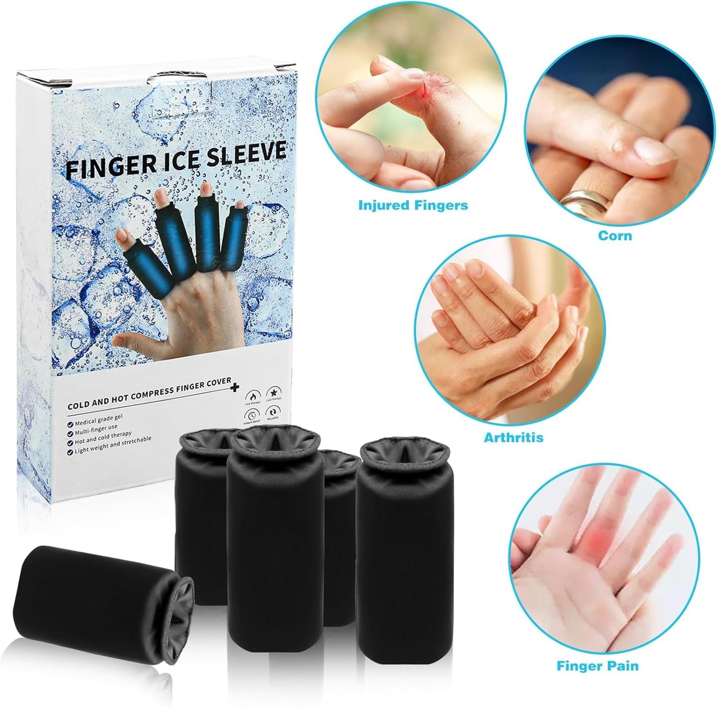 Finger Compression Sleeves 4 Finger Ice Pack Wrap Thumbs & Toes Hot Cold Gel Ice Pack