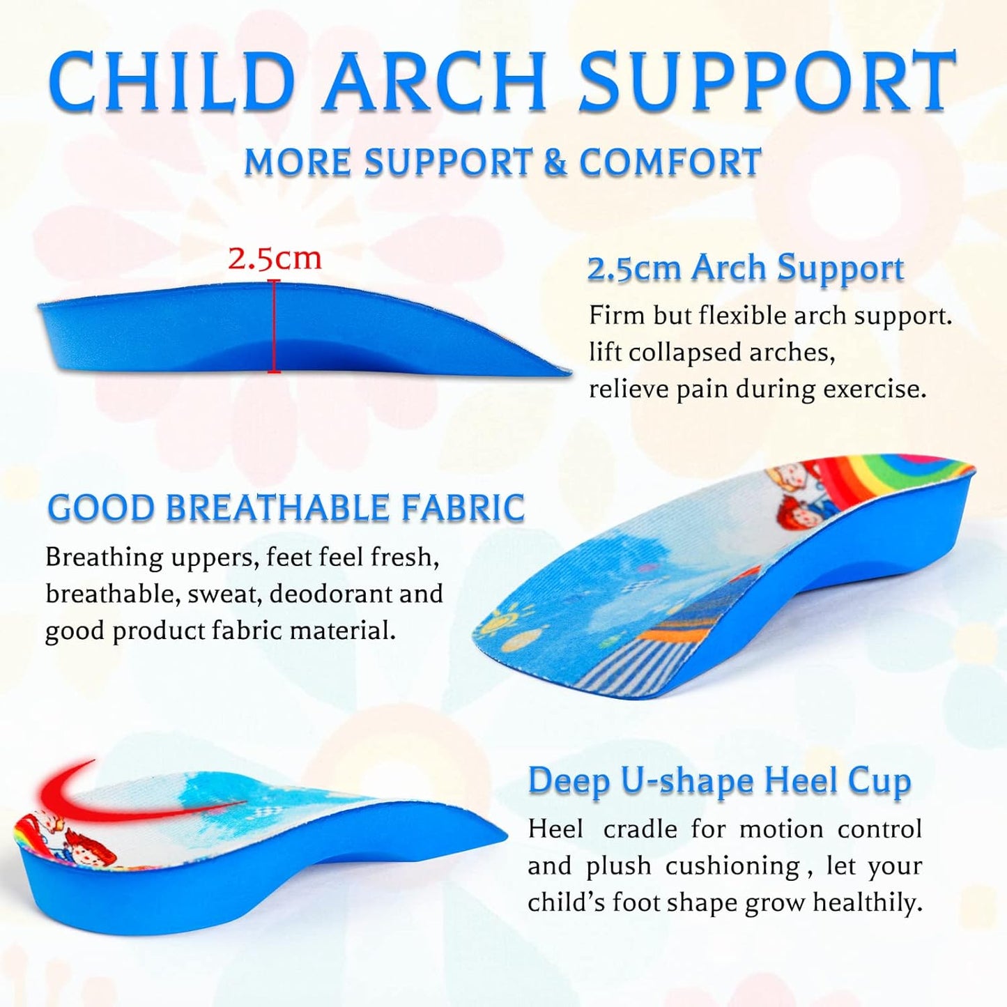 3/4 Length Kids Orthotic Cushioning Arch Support Shoe Insoles for Flat feet, Feet Heel Pain Relief Age 4-11)