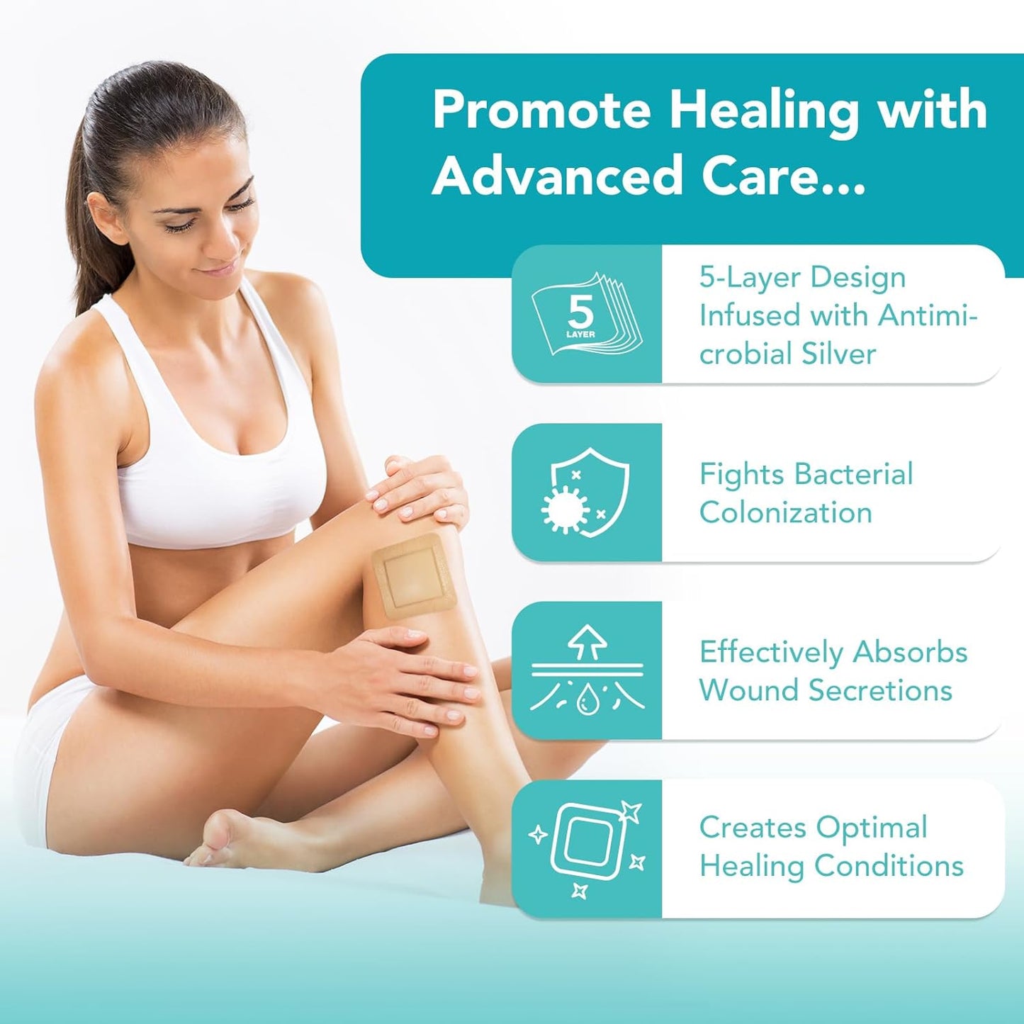 Premium Silicone Foam Dressing 4"x4", Adhesive Waterproof Silicone Bandages with Border, High Absorbent Bed Sore Bandages Wound Care Dressing, 5 Packs