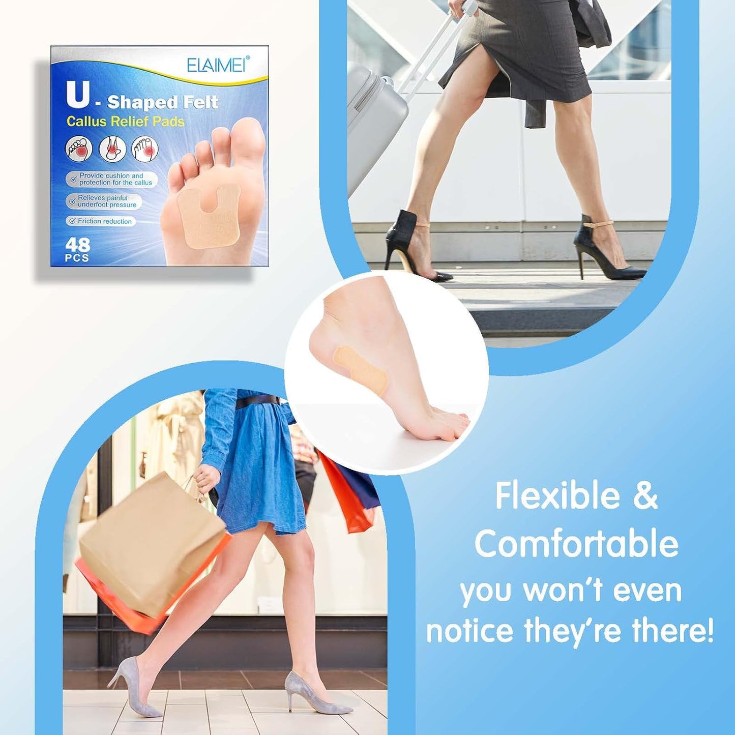 U-Shaped Felt Callus Pads(Pack of 48), Protect Calluses from Rubbing on Shoes