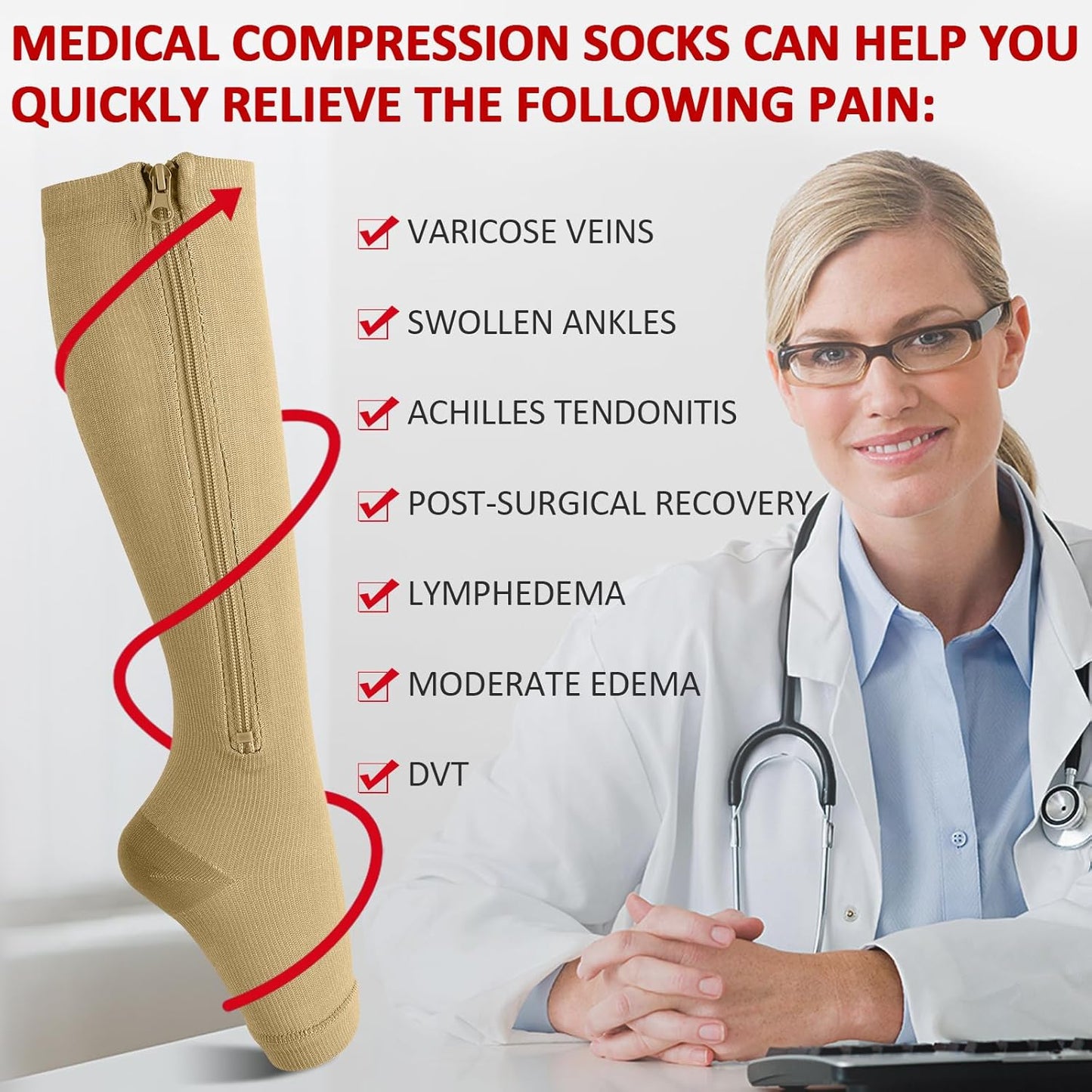 Ailaka Medical Zipper Compression Socks, 15-20 mmHg Knee High Open Toe Compression Socks for Men Women, Support Socks for Varicose Veins, Edema