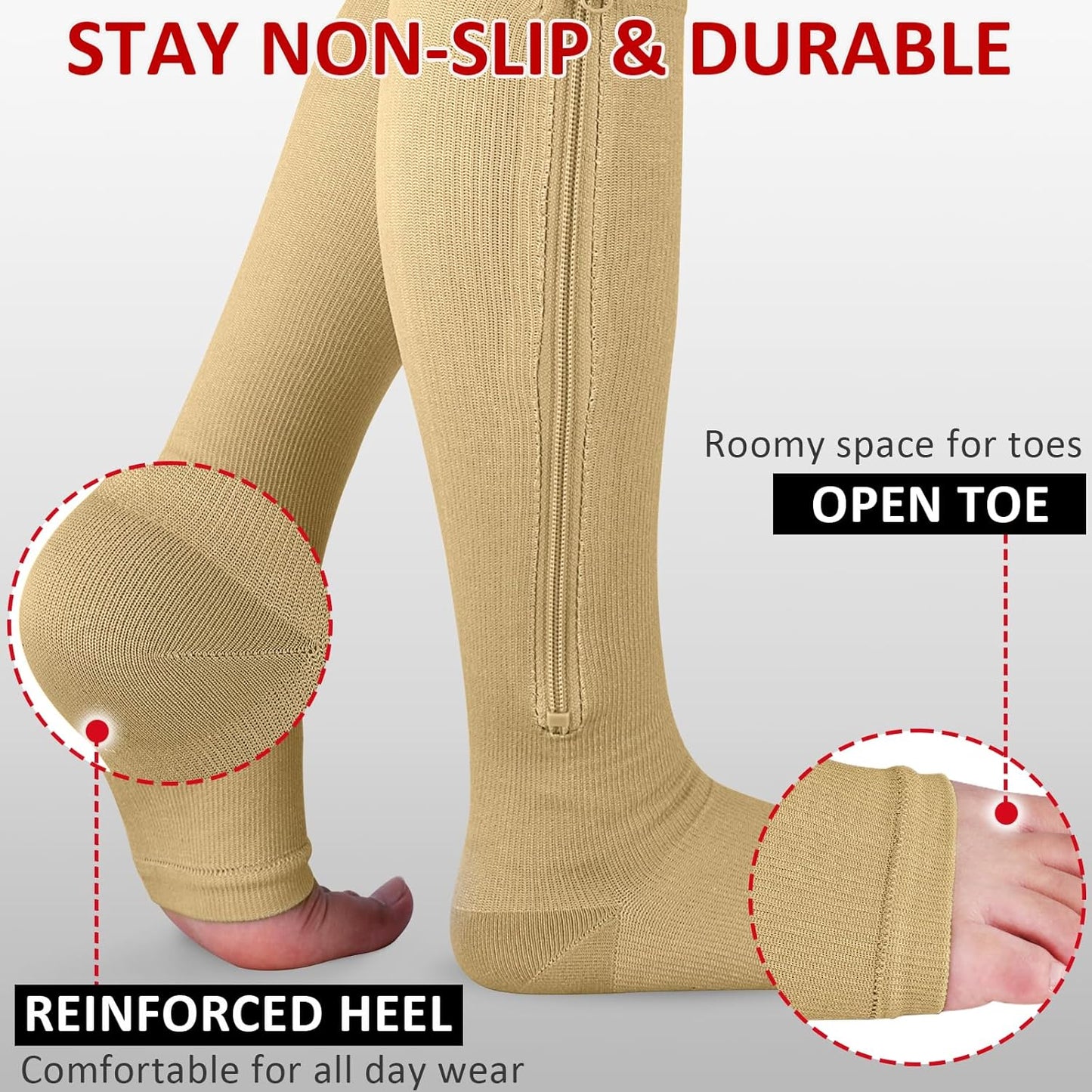 Ailaka Medical Zipper Compression Socks, 15-20 mmHg Knee High Open Toe Compression Socks for Men Women, Support Socks for Varicose Veins, Edema