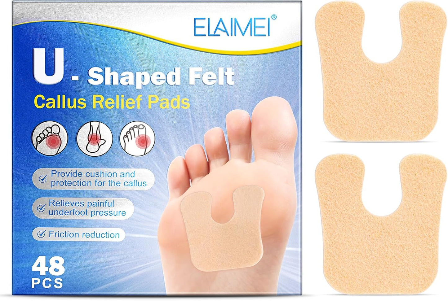 U-Shaped Felt Callus Pads(Pack of 48), Protect Calluses from Rubbing on Shoes
