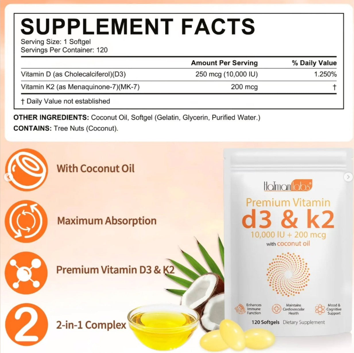 Vitamin D3 K2, 120 Soft gels
