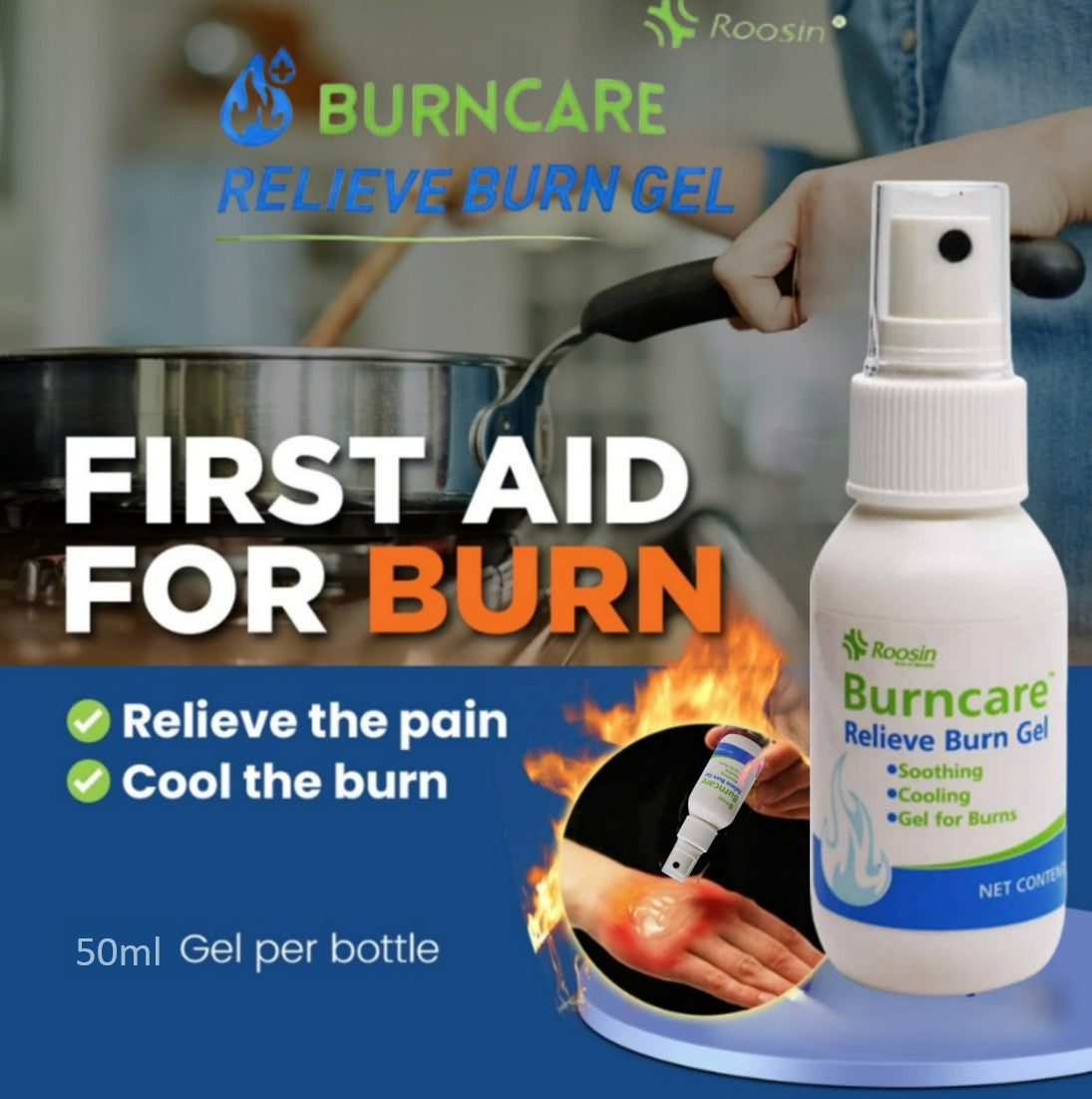 Roosin Burncare Relieve Burn Gel Hydrogel Bottle (50 ml)