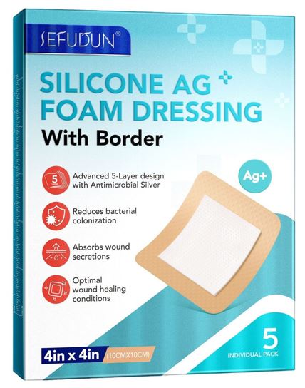 Premium Silicone Foam Dressing 4"x4", Adhesive Waterproof Silicone Bandages with Border, High Absorbent Bed Sore Bandages Wound Care Dressing, 5 Packs